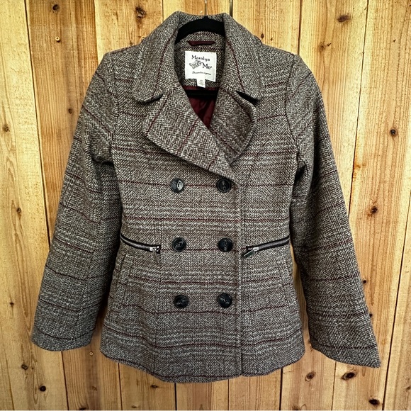 Maralyn & Me Brown Plaid Pea Coat - Picture 1 of 8